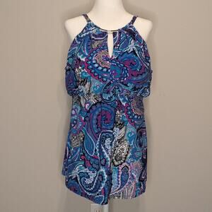 Trimshaper Blue Paisley Keyhole Adjustable Strap Tankini Swim Top Size 20W